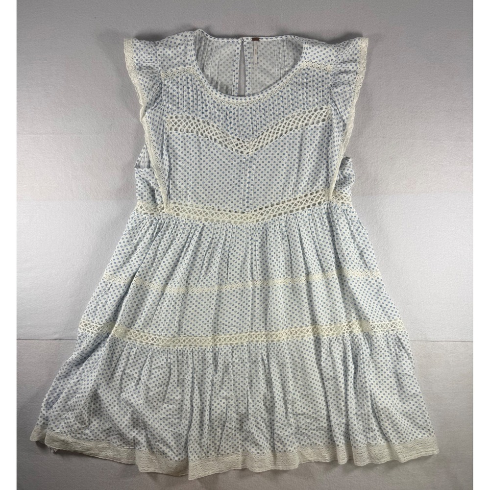 Free People Blue White Floral Ditsy Lace Tiered Babydoll Mini Dress OB957251 M